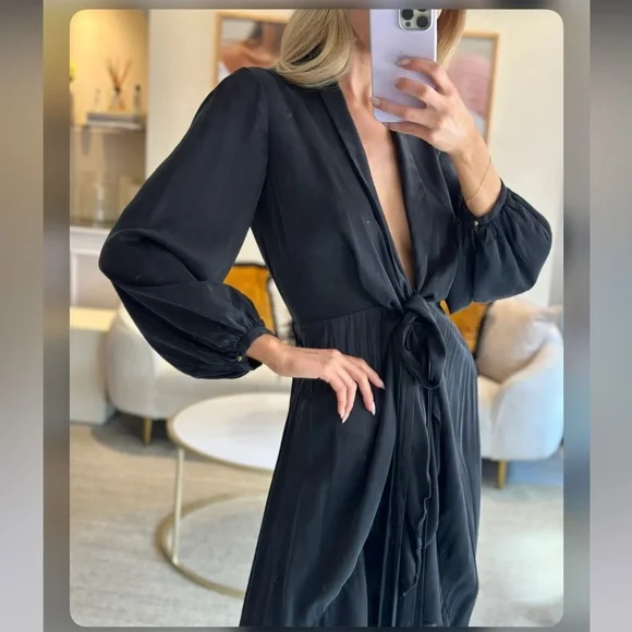 ZIMMERMAN BLACK SILK RUFFLE LONG DRESS ASYMMETRICAL WITH BELT SIZE 0 - Picture 4 of 13